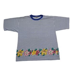Lindsey Blake Shirt Womens S Blue Short Sleeve Crew Neck Stripe Casual T Shirt